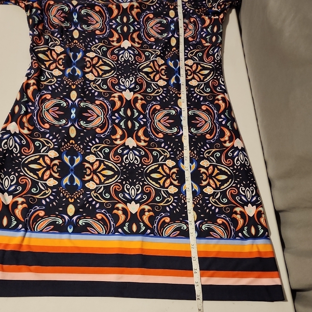 Vince Camuto Orange and Blue Sheath Dress with Bishop Sleeves - Picture 7 of 9